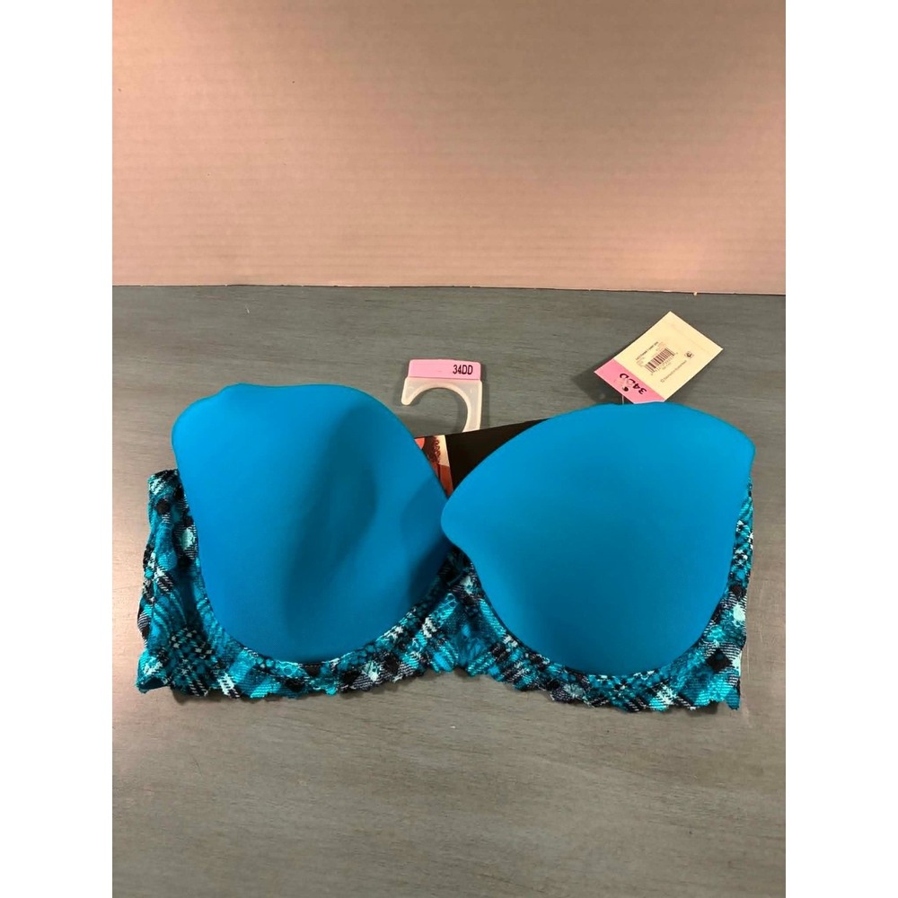 No Boundaries Lace Frame T-Shirt‎ Bra Teal Plaid 34DD Converts to Racerback